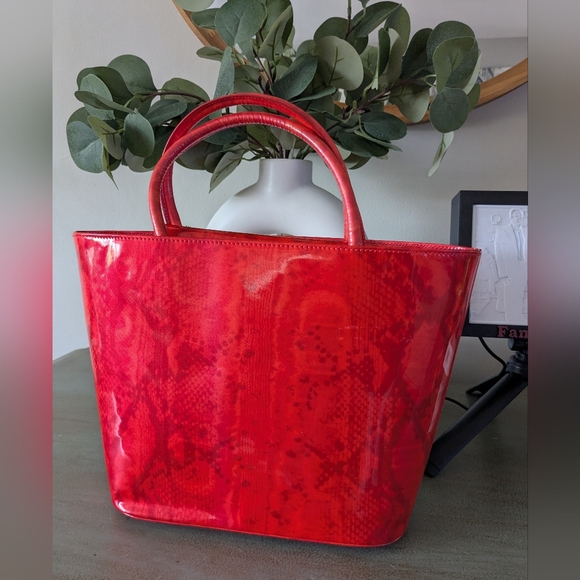 Escada Red / Snake Print Patent Leather Handbag - Picture 3 of 15